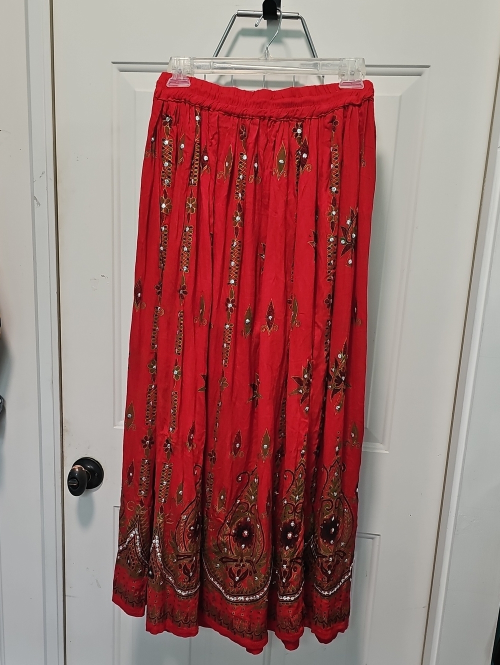 Red Embroidered Long Boho Skirt. Ome Size. Elastic Waist With Drawstring